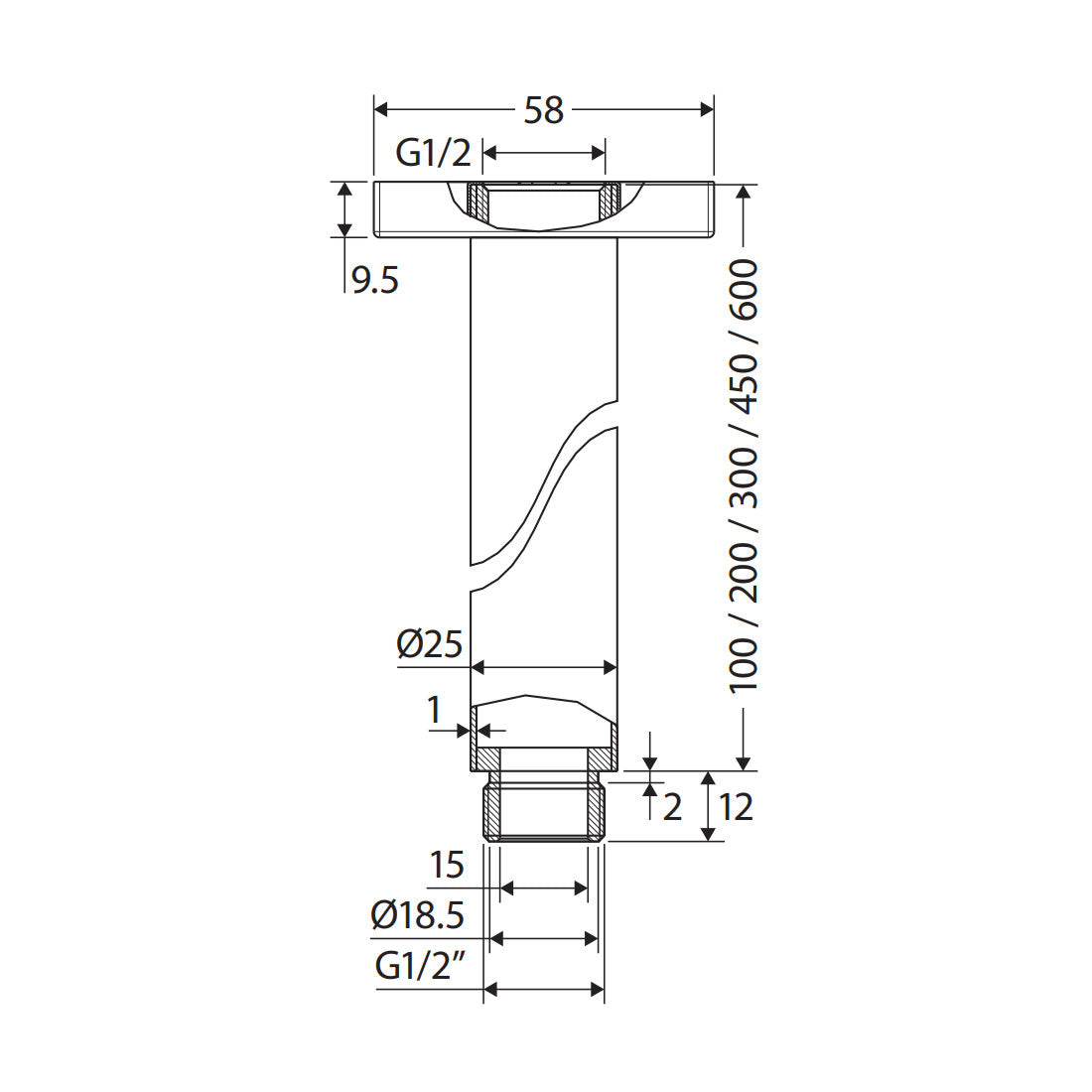 Round Shower Dropper, 450mm, Ubran Brass