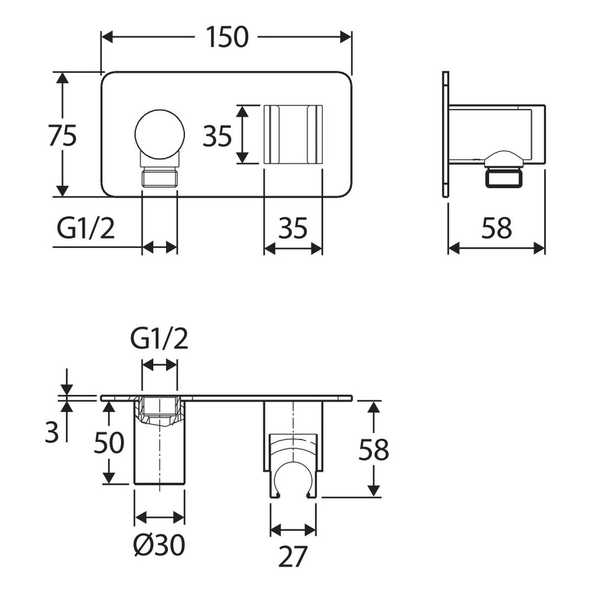 Fienza Universal Hand Shower Bracket & Hose, Rectangular Plate, Matte Black
