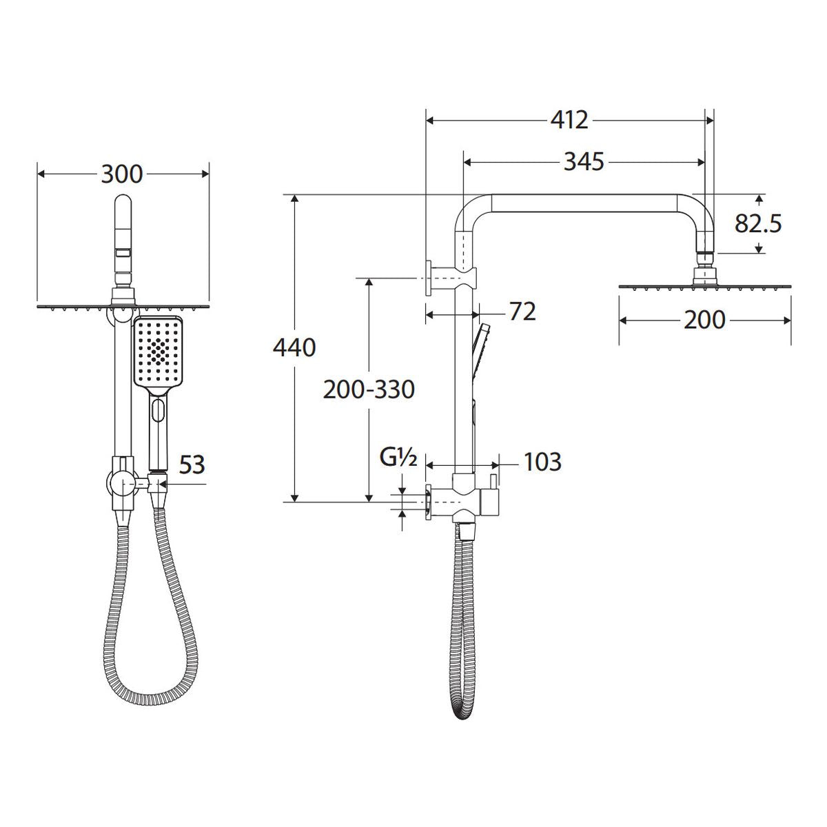 Tono Twin Half-Rail Shower, Gun Metal