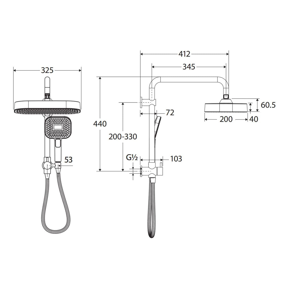 Fienza Kuro Twin Half-Rail Shower, Soft Square Head, Urban Brass