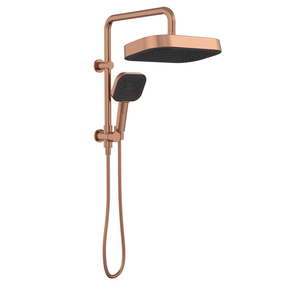 Fienza Kuro Twin Half-Rail Shower, Soft Square Head, Brushed Copper