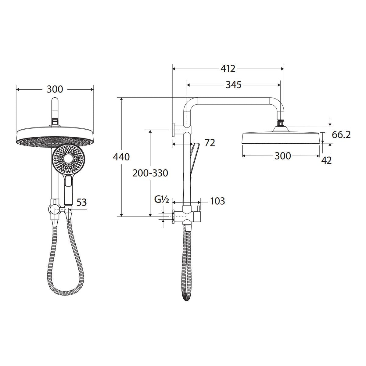 Fienza Kuro Twin Half-Rail Shower, Round Head, Matte Black