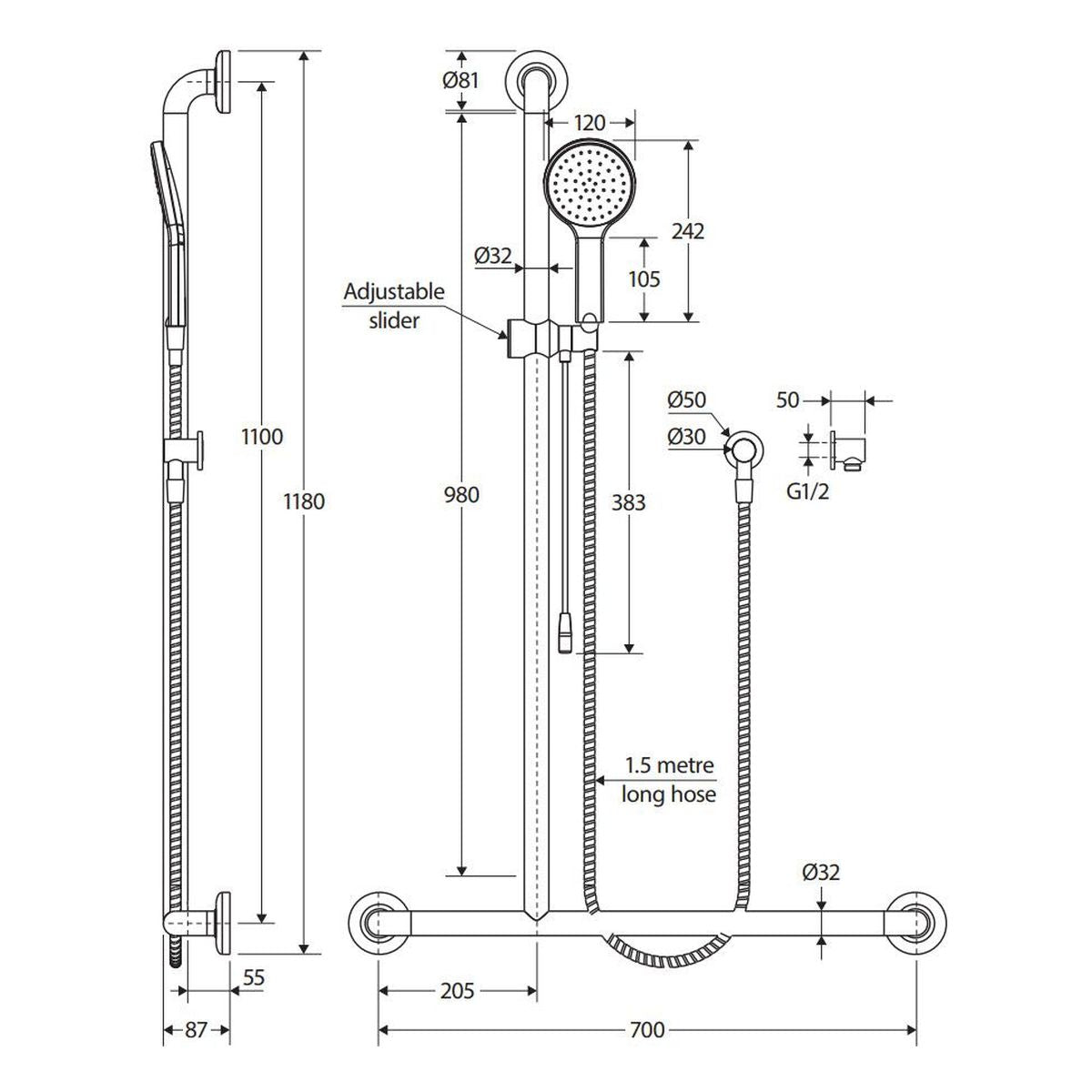 Fienza Luciana Care Inverted T Rail Shower with Push/Pull Slider, Left-Hand