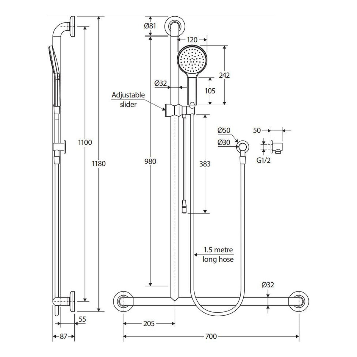 Fienza Hustle Care Inverted T Rail Shower with Push/Pull Slider, Left-Hand