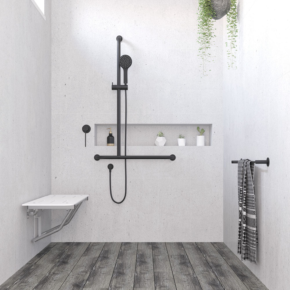 Fienza Hustle Care Matte Black Inverted T Rail Shower, Left-Hand