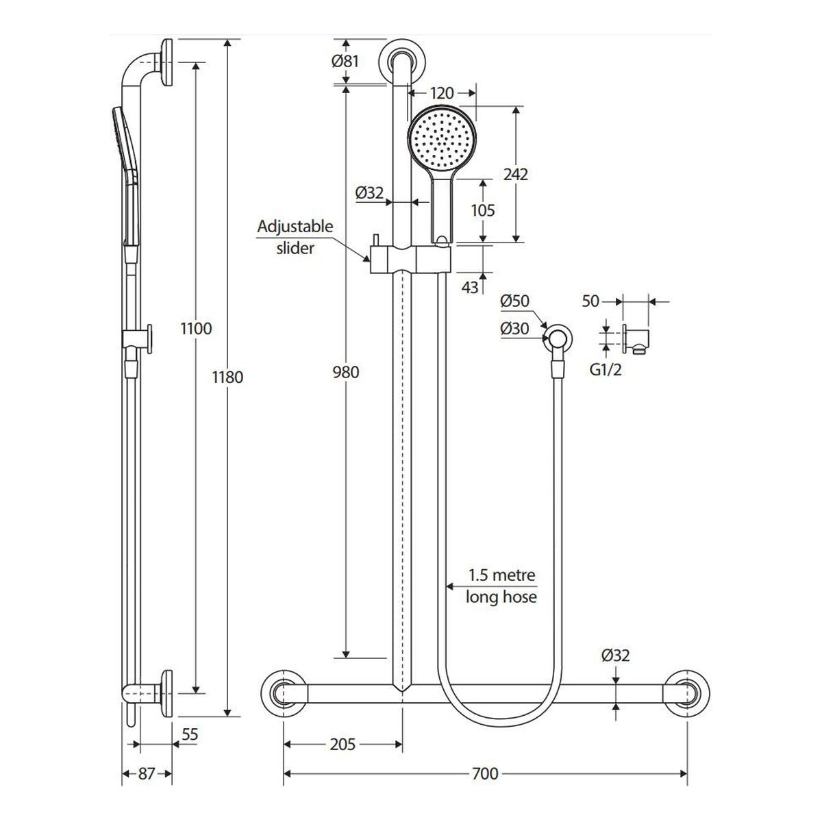 Fienza Hustle Care Matte Black Inverted T Rail Shower, Right-Hand