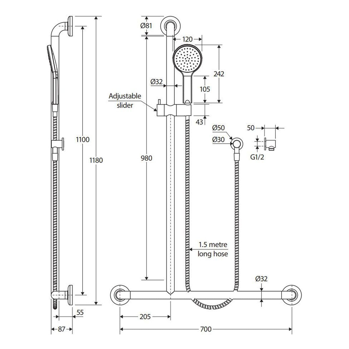 Fienza Luciana Care Inverted T Rail Shower, Right-Hand