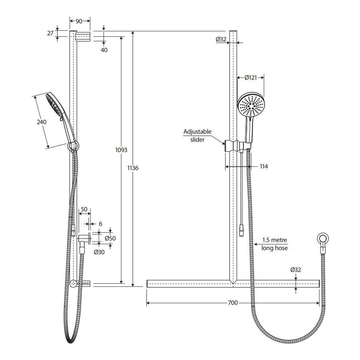 Fienza Care Inverted T Rail Shower with Push/Pull Slider, Chrome