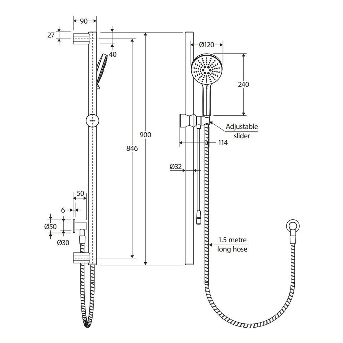 Fienza Care Rail Shower with Push/Pull Slider, Brushed Nickel
