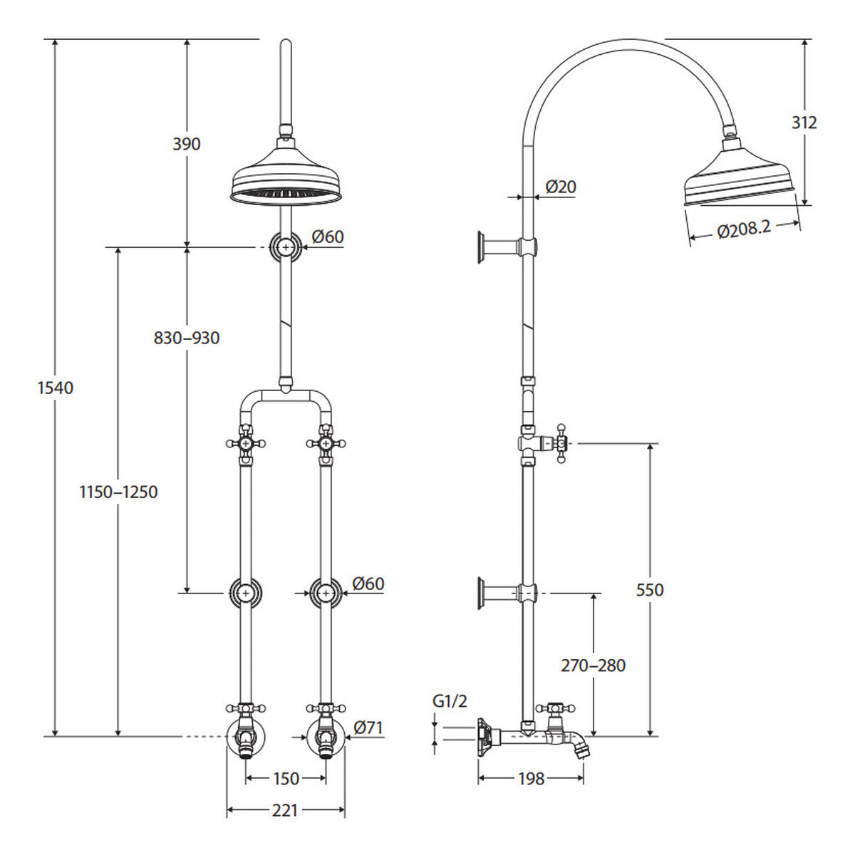 Fienza Lillian Exposed Rail Shower & Bath Set, Chrome