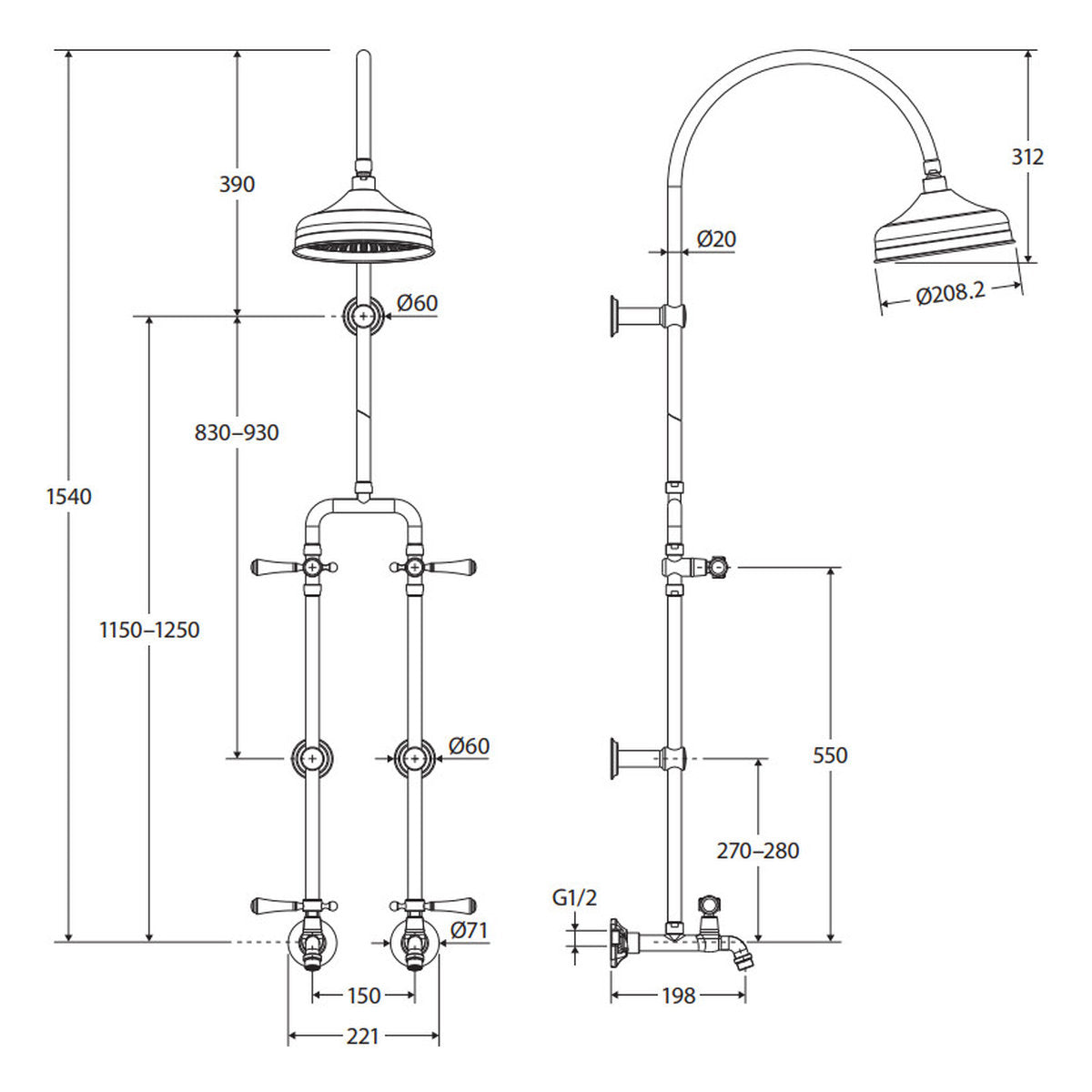 Fienza Lillian Lever Exposed Rail Shower & Bath Set, Matte Black
