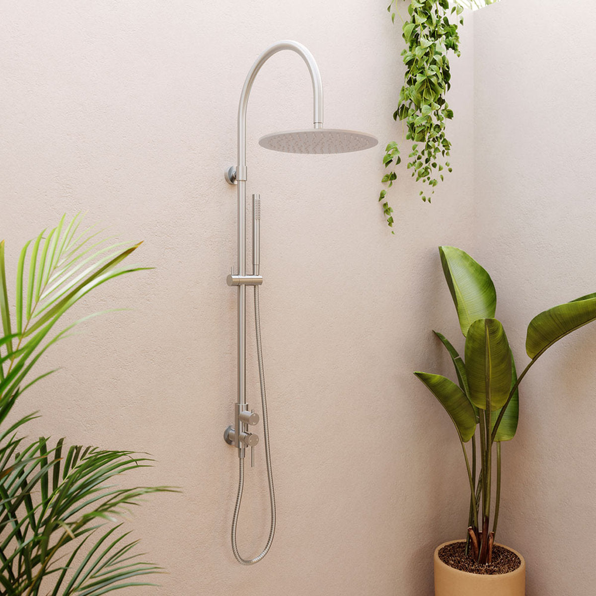 Fienza Kaya Wall Mounted Outdoor Twin Shower, Brushed Stainless Steel