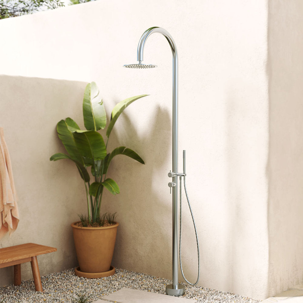 Fienza Kaya Floor Mounted Outdoor Twin Shower, Brushed Stainless Steel