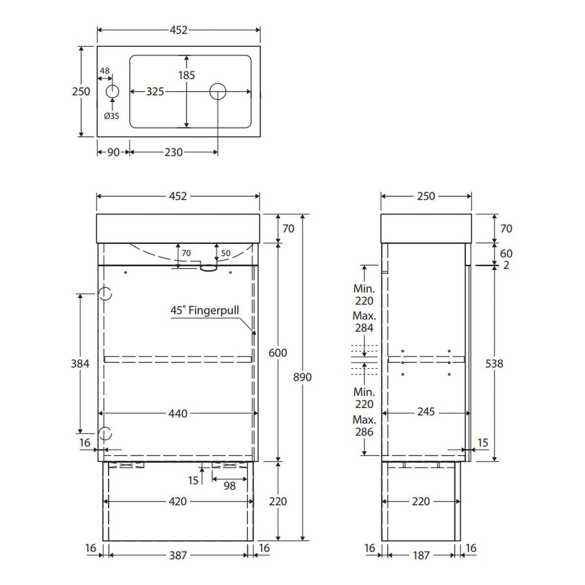 Fienza Denzel Edge 450 Ensuite Vanity On Kickboard, Scandi Oak