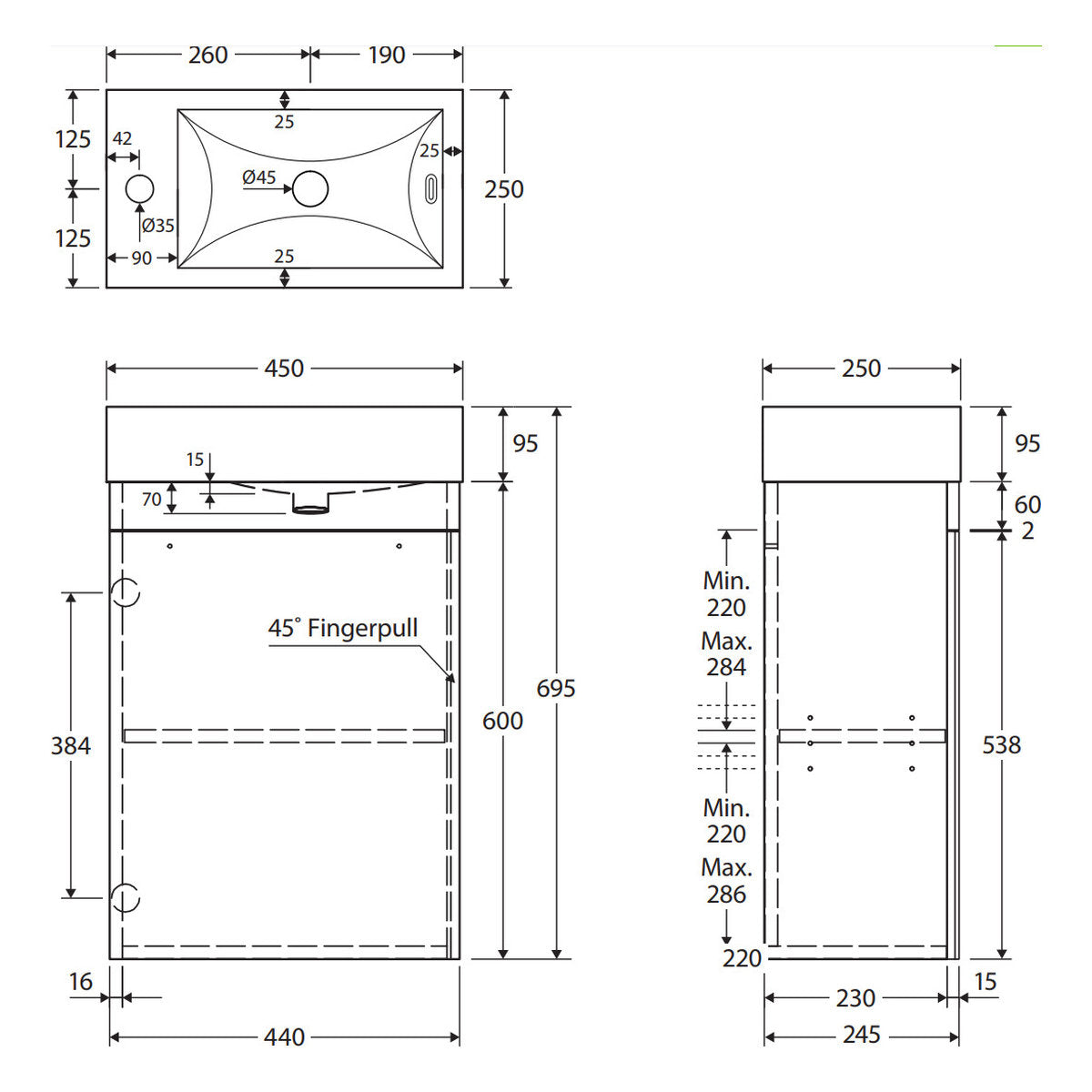 Fienza Edge 450 Ensuite Wall-Hung Vanity With Overflow, Satin White