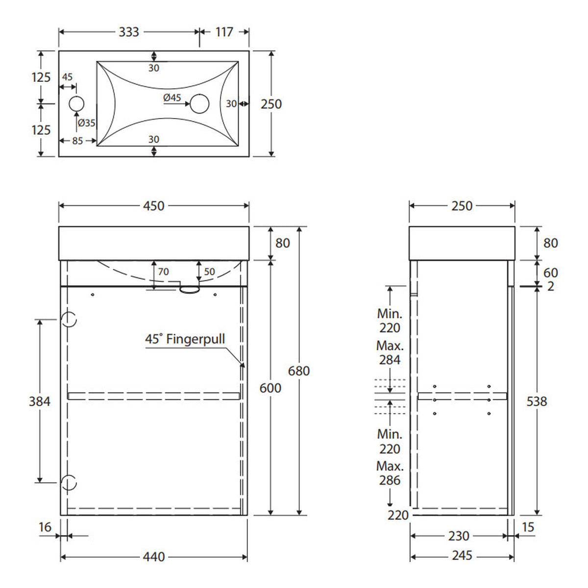 Fienza Edge 450 Ensuite Wall-Hung Vanity, No Overflow, Satin White