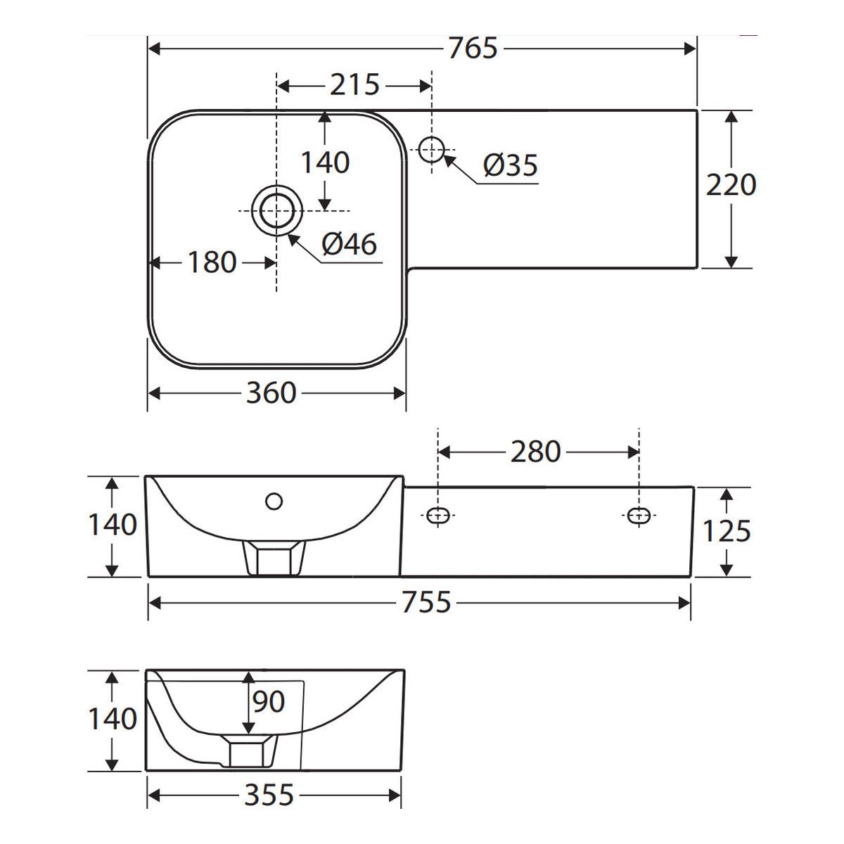 Fienza RAK Petit Square Wall Basin, Right Edge, No Tap Hole