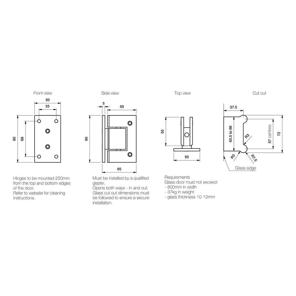 Brodware Wall to Glass Shower Hinge, 180 Degree