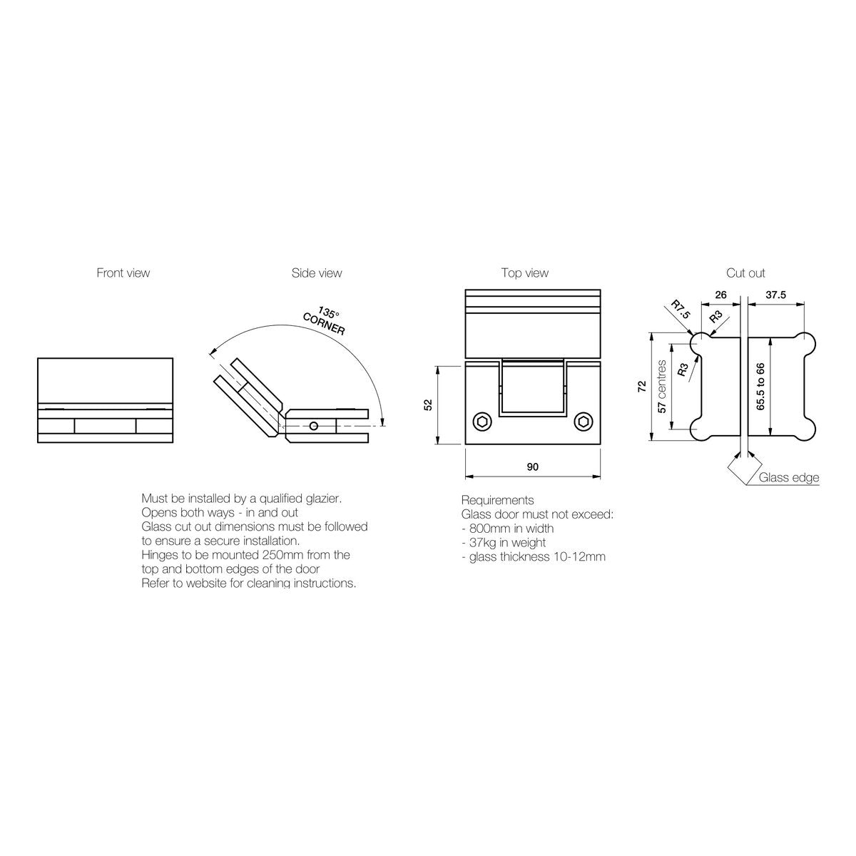 Brodware Glass to Glass Shower Hinge, 135 Degree