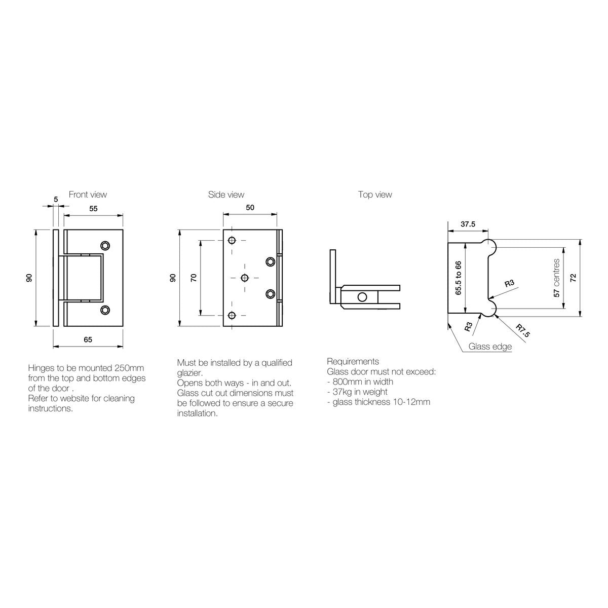 Brodware Wall to Glass Shower Hinge, 90 Degree
