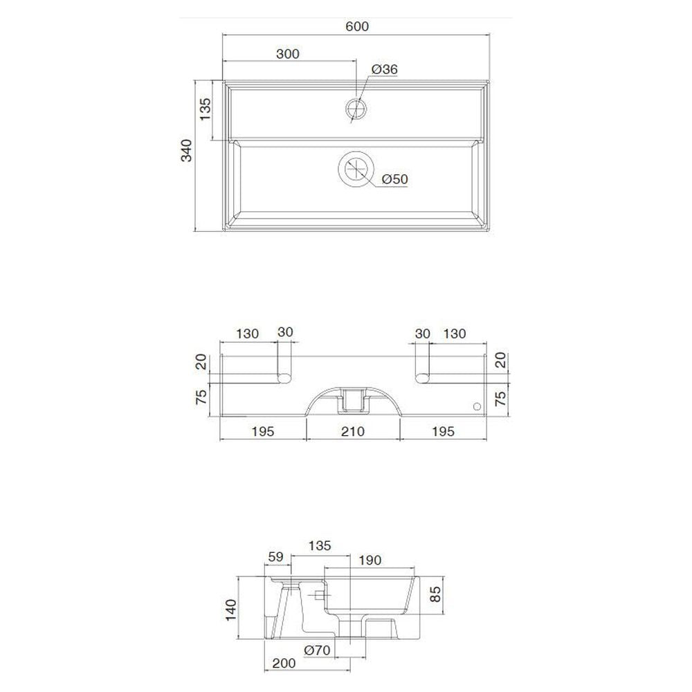 Studio Bagno Apartment 60R Bench/Wall Basin - 3 Tapholes