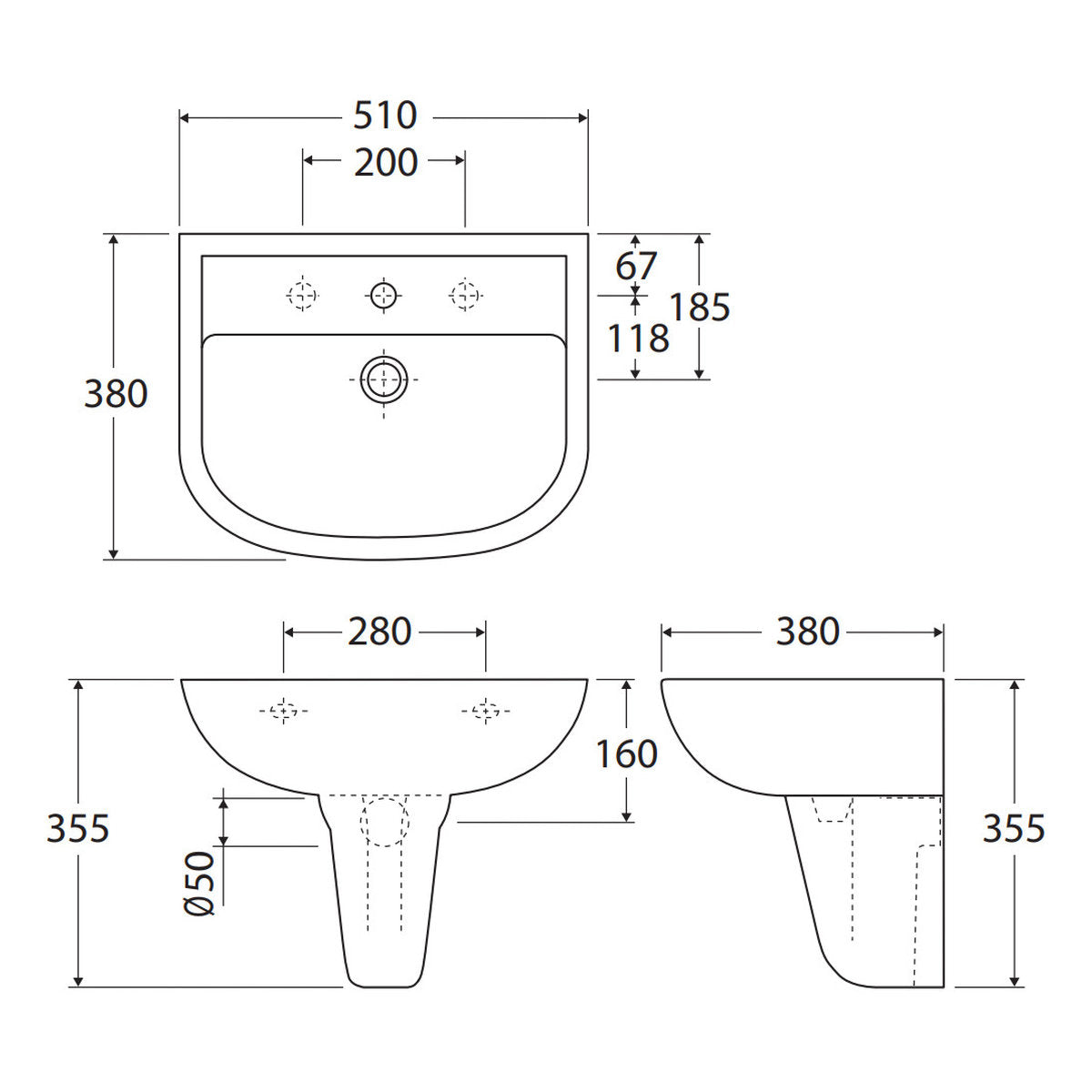 Fienza RAK X500 Wall Basin With Integral Shroud, 3 Tap Holes