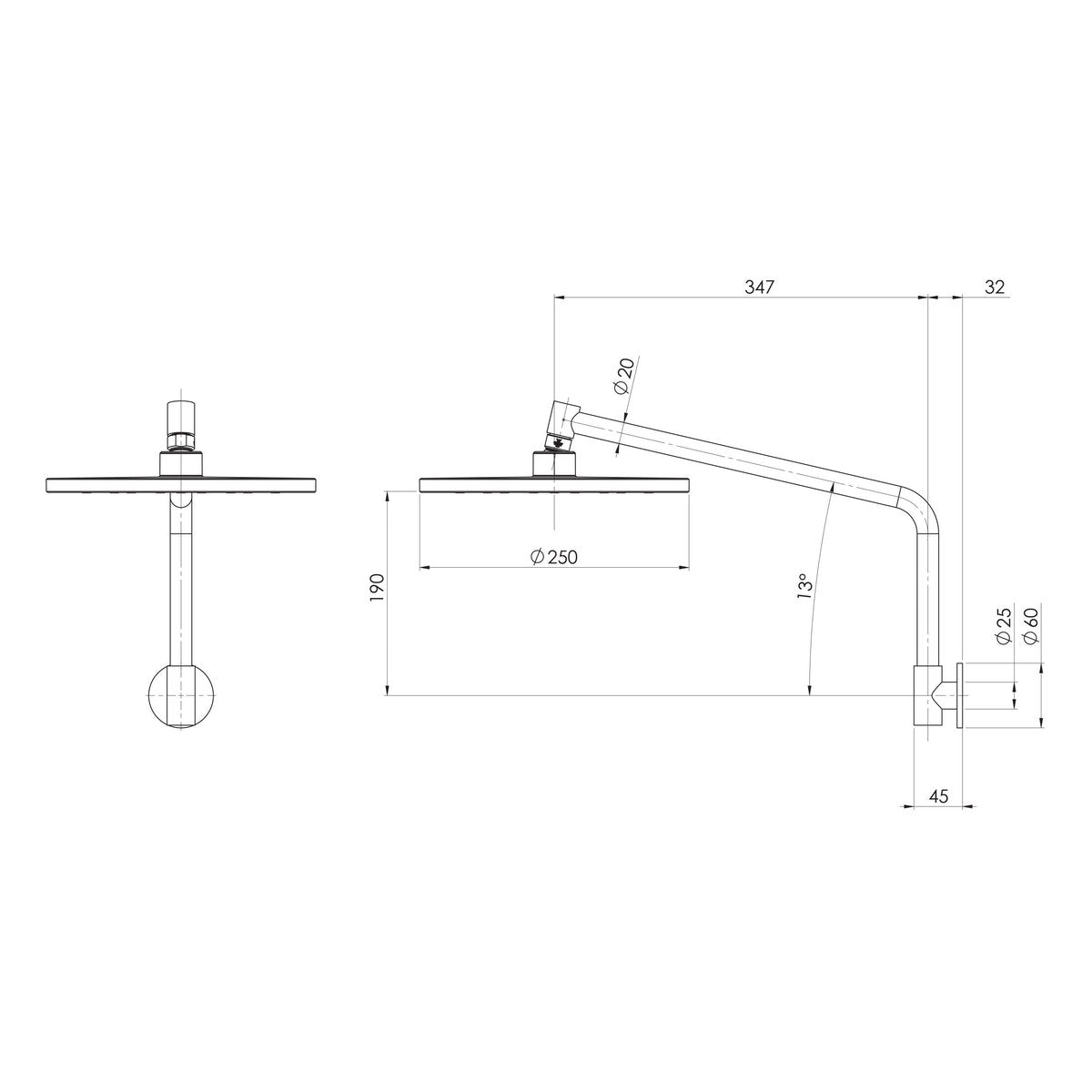 Phoenix Ormond High-Rise Shower Arm & Rose - 4 Star, Brushed Gold