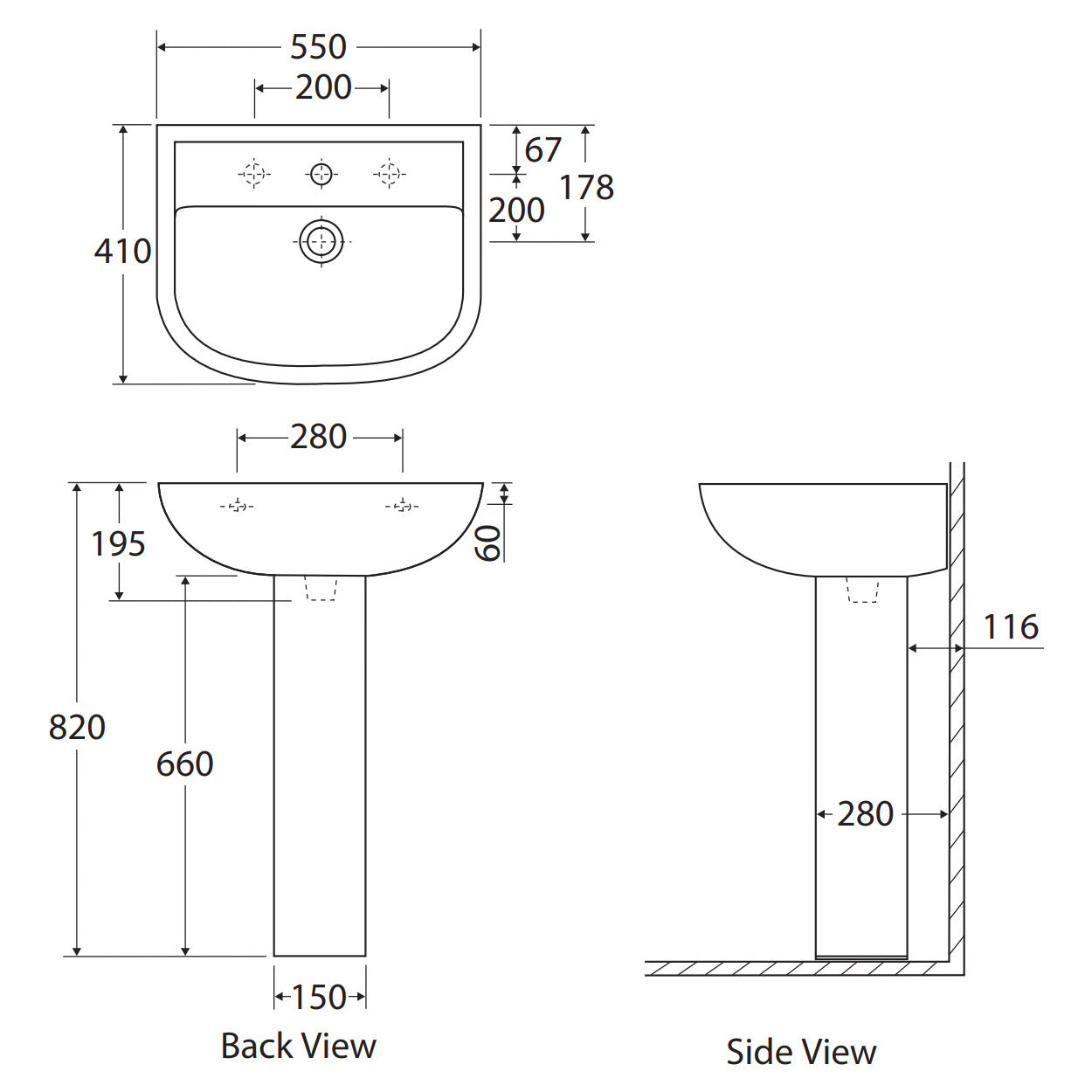 Fienza RAK Compact 550 Pedestal Basin, 1 Tap Hole
