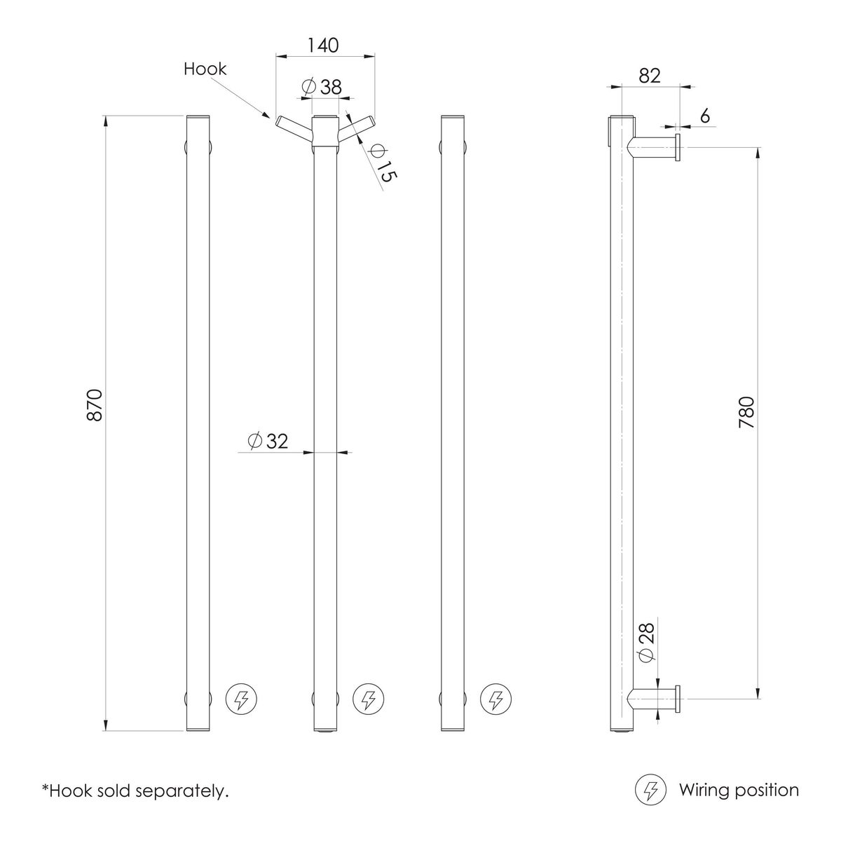 Phoenix Heated Triple Towel Rail Round 800mm - Chrome