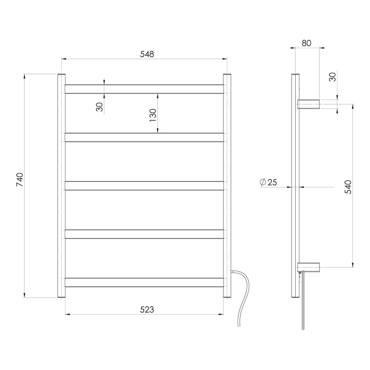 Five Flat Bar Heated Towel Ladder - Brushed Carbon