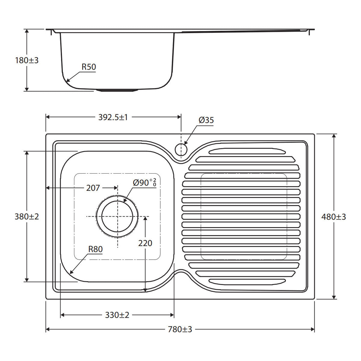 Fienza Tiva 780 Single Kitchen Sink With Drainer, Left Bowl
