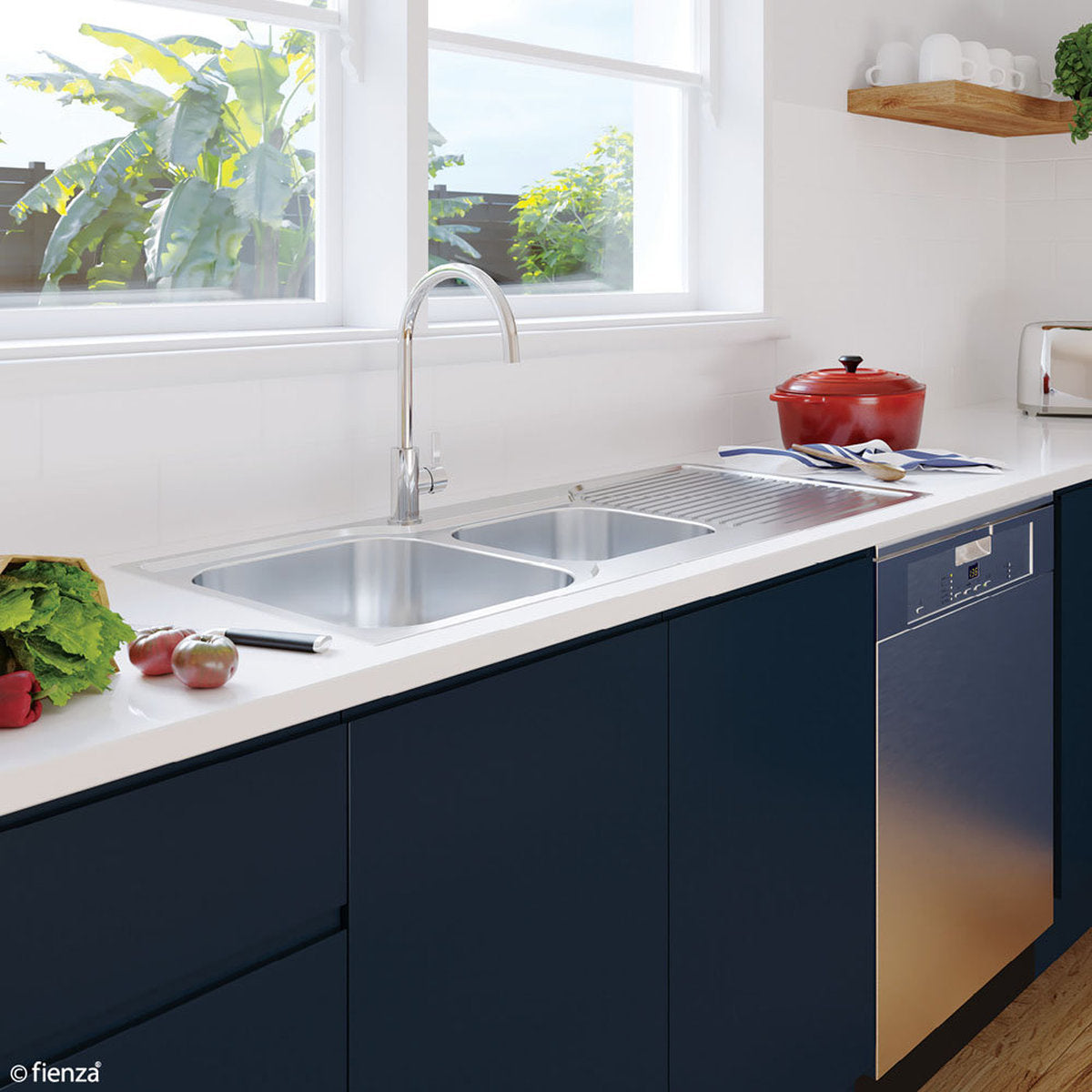 Fienza Tiva 1080 1.75 Kitchen Sink With Drainer, Right Bowl
