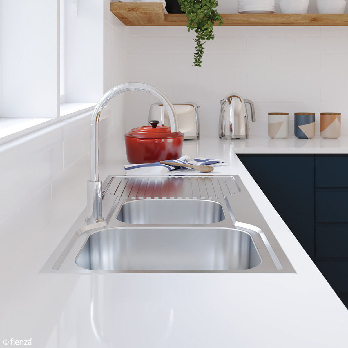 Fienza Tiva 1080 1.75 Kitchen Sink With Drainer, Right Bowl