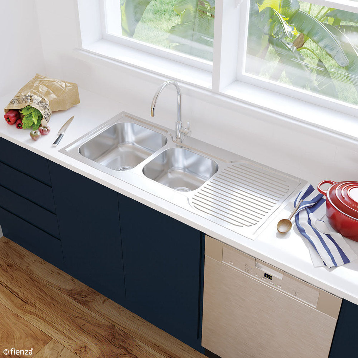 Fienza Tiva 1080 1.75 Kitchen Sink With Drainer, Right Bowl