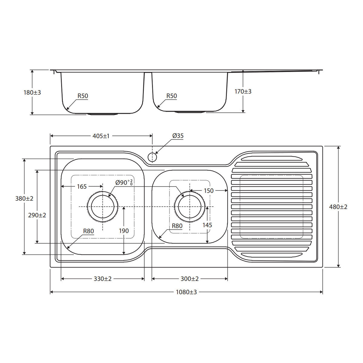 Fienza Tiva 1080 1.75 Kitchen Sink With Drainer, Left Bowl