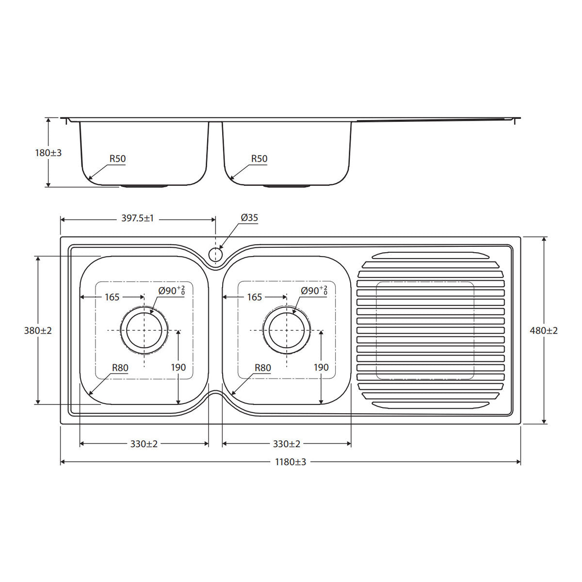 Fienza Tiva 1180 Double Kitchen Sink With Drainer, Left Bowl