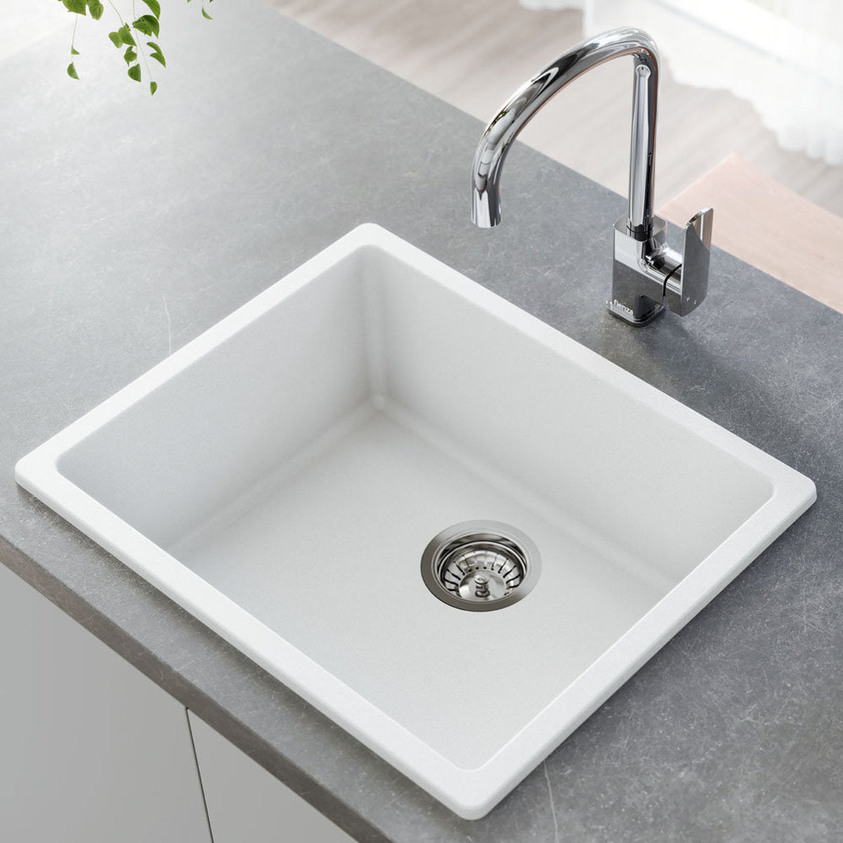 Fienza Kuro Granite 38L Single Bowl Kitchen Sink, Matte White