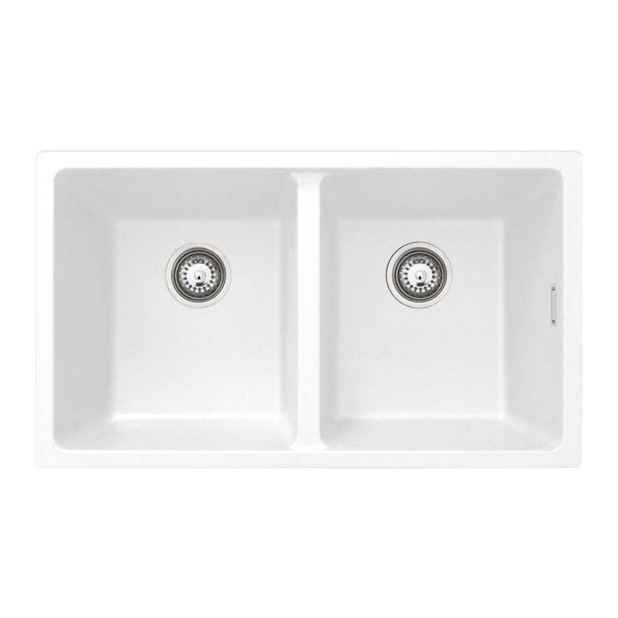 Fienza Kuro Granite 34L/34L Double Bowl Kitchen Sink, Matte White