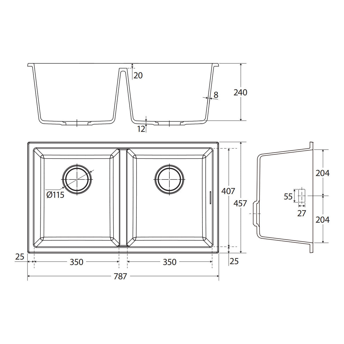 Fienza Kuro Granite 34L/34L Double Bowl Kitchen Sink, Matte White