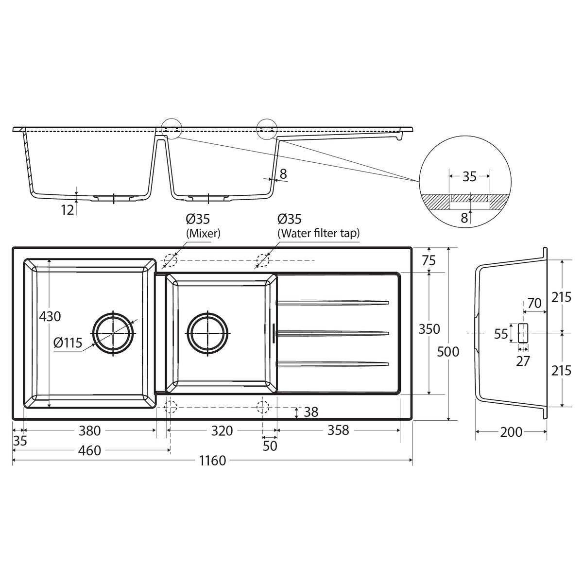 Kuro Granite 32L/22L Double Kitchen Sink with Drainer, Left Bowl, 1 Tap Hole