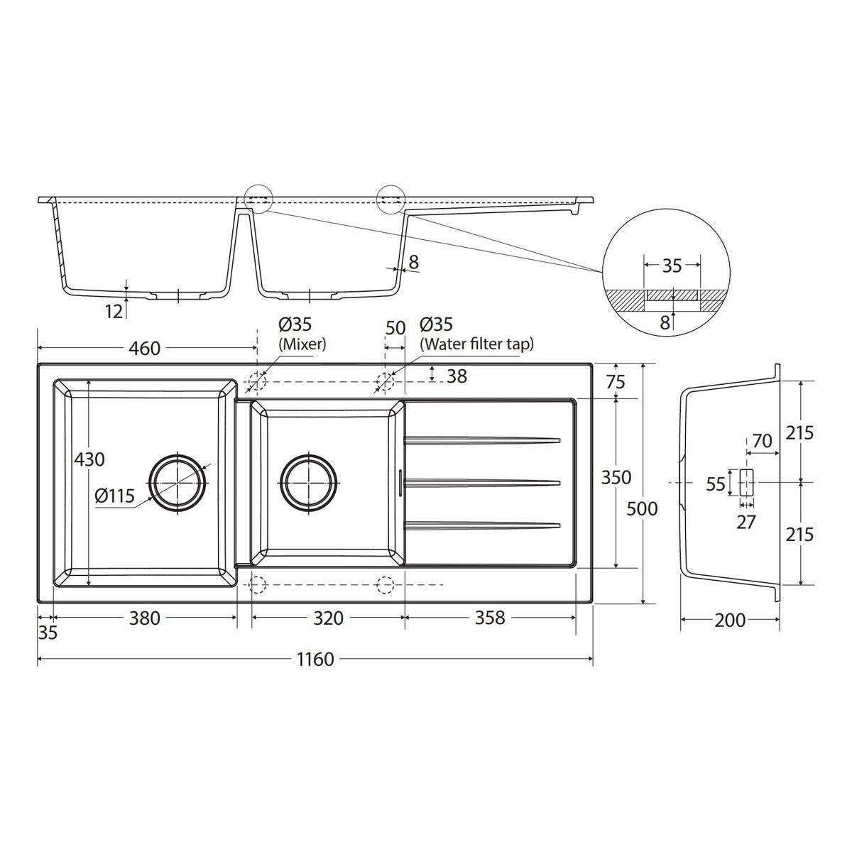 Kuro Granite  2L/22L Double Kitchen Sink with Drainer, Right Bowl, 2 Tap Holes, Matte Black