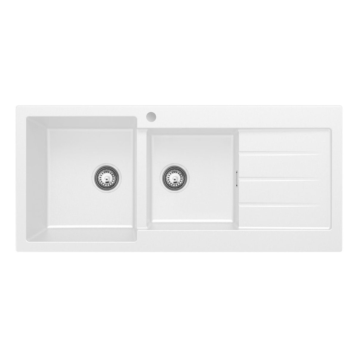 Fienza Kuro Granite 32L/22L Double Kitchen Sink With Drainer, Left Bowl, 1 Tap Hole, Matte White