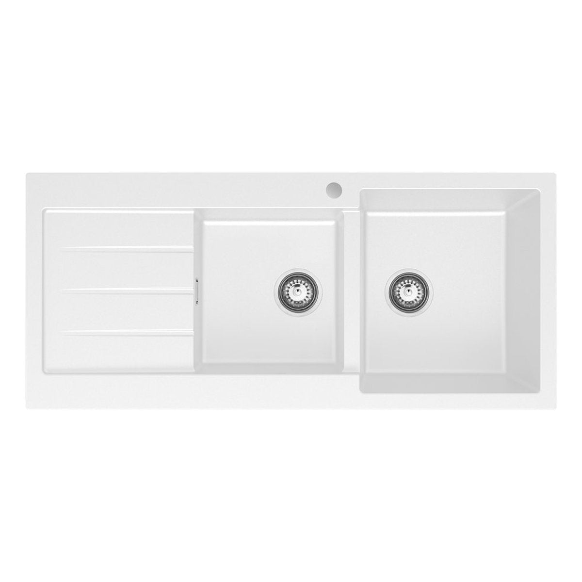 Fienza Kuro Granite 32L/22L Double Kitchen Sink With Drainer, Right Bowl, 1 Tap Hole, Matte White