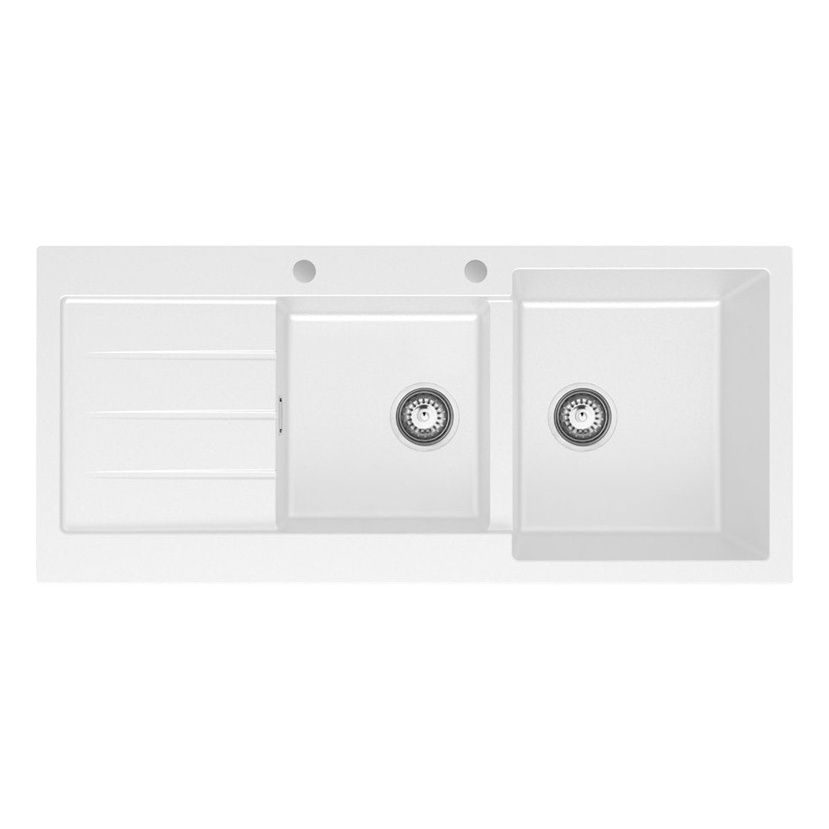 Fienza Kuro Granite 32L/22L Double Kitchen Sink With Drainer, Right Bowl, 2 Tap Holes, Matte White