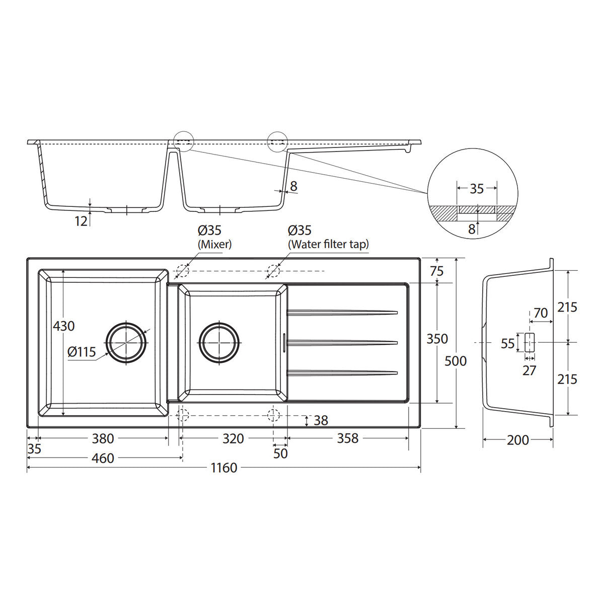 Fienza Kuro Granite 32L/22L Double Kitchen Sink With Drainer, Matte White