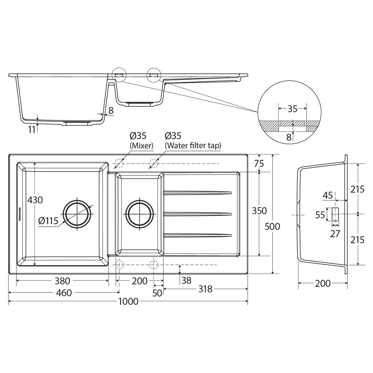 Kuro Granite 32L/14L Double Kitchen Sink with Drainer, Right Bowl, 2 Tap Holes