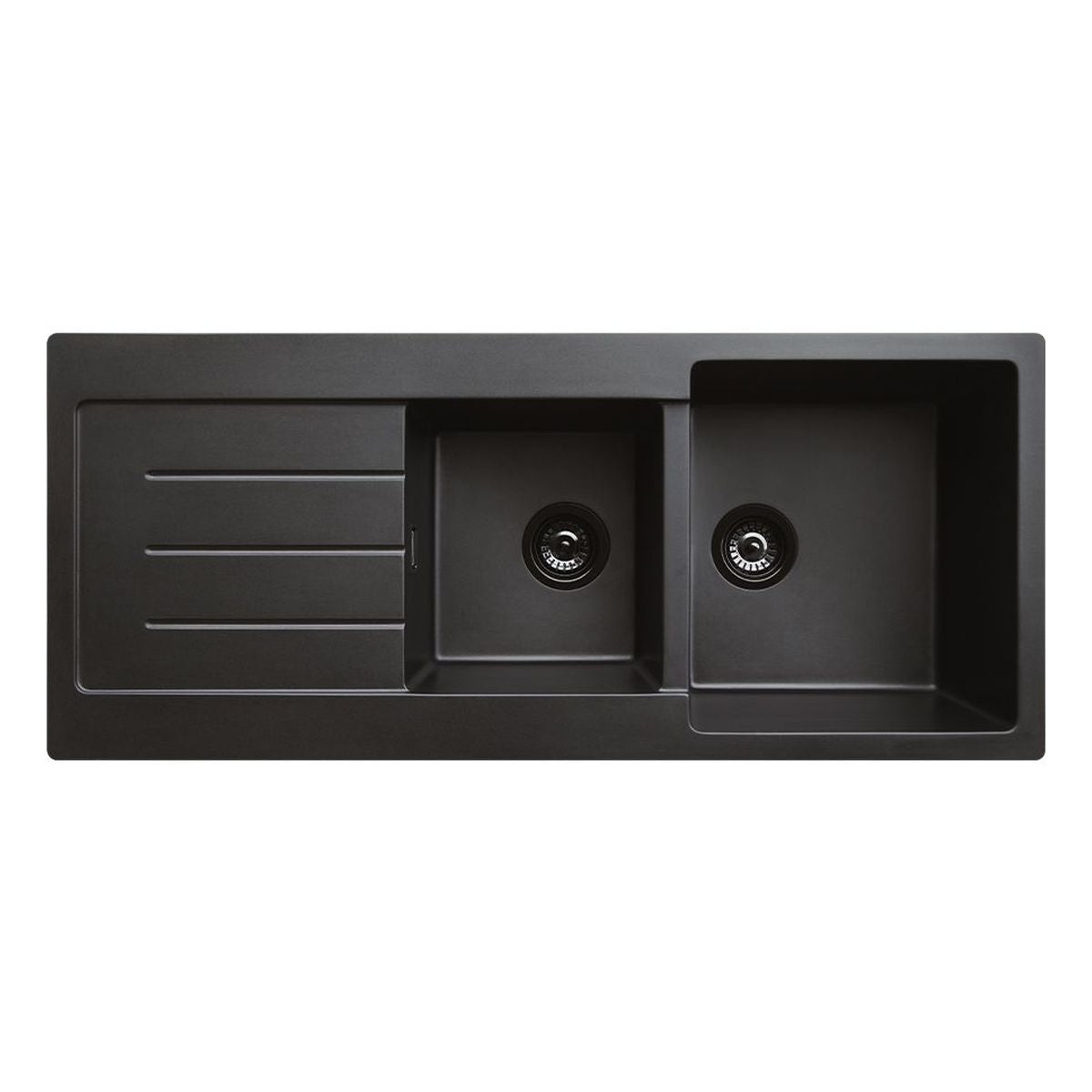 Kuro Granite 42L/22L Double Kitchen Sink with Drainer, Left Bowl, 2 Tap Holes, Matte Black