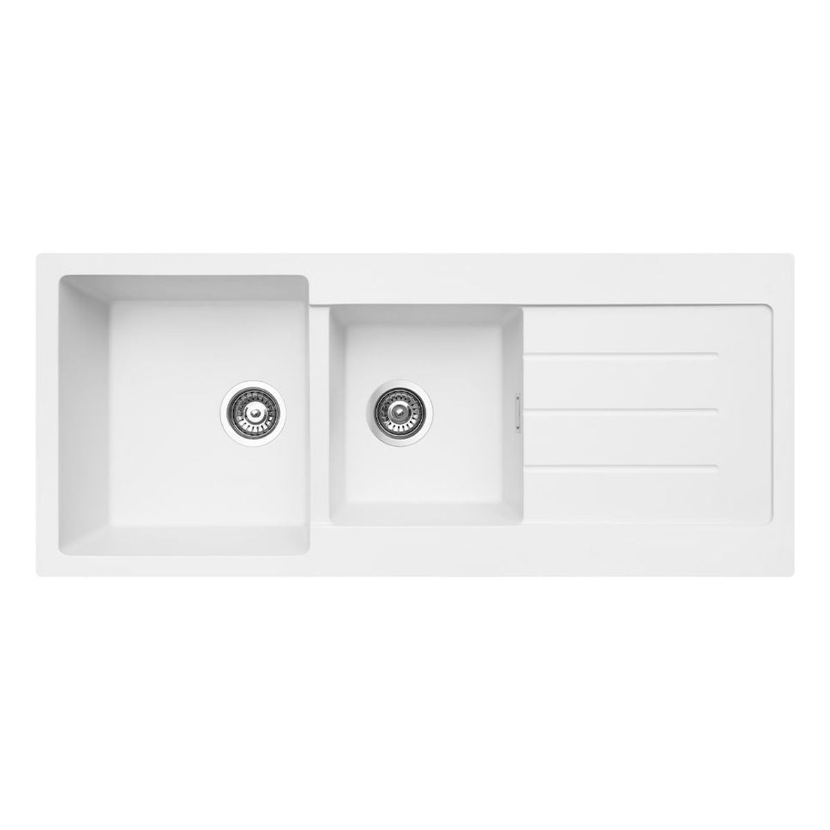 Kuro Granite 42L/22L Double Kitchen Sink with Drainer, Left Bowl, 2 Tap Holes, Matte White