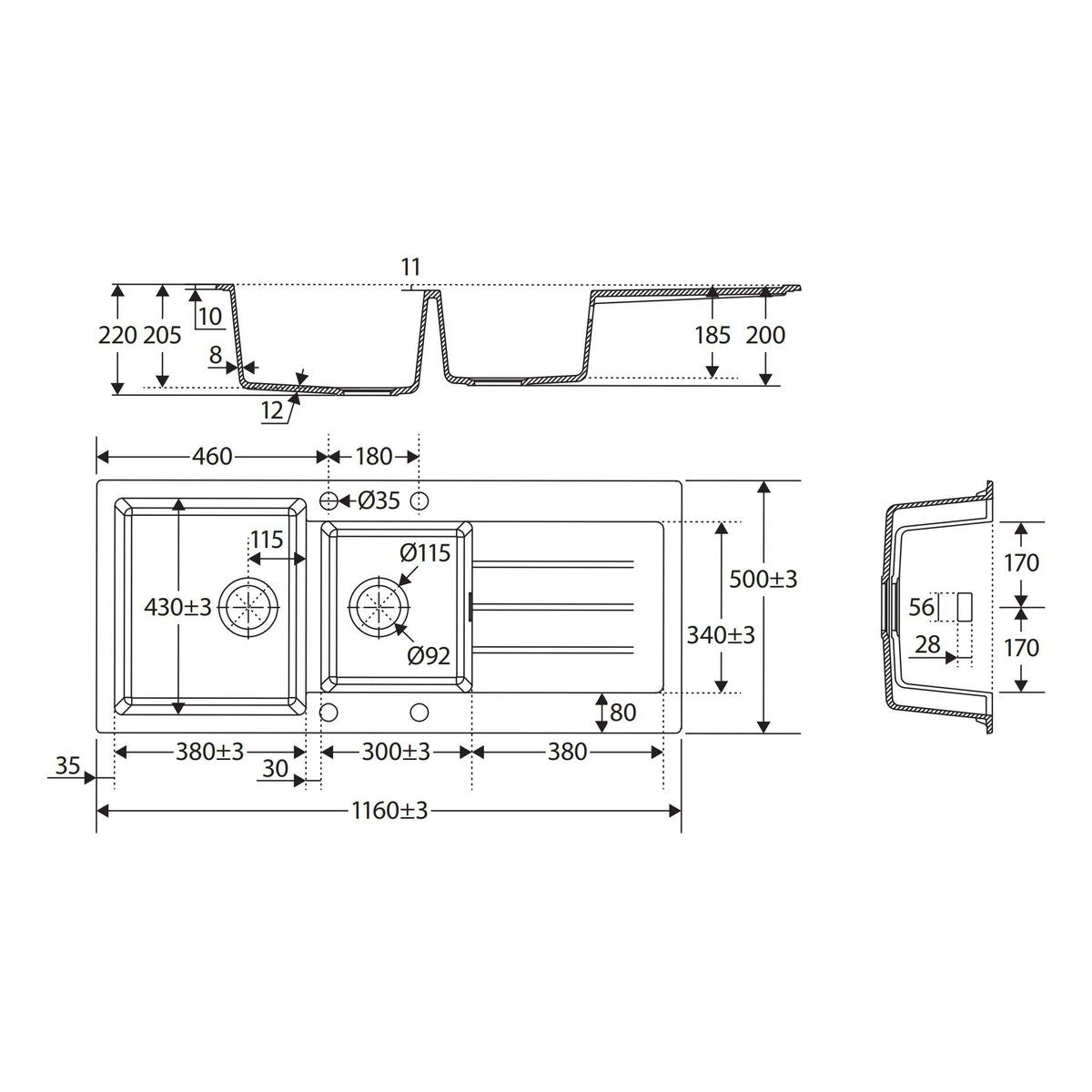 Kuro Granite 42L/22L Double Kitchen Sink with Drainer, Left Bowl, 2 Tap Holes, Matte Black