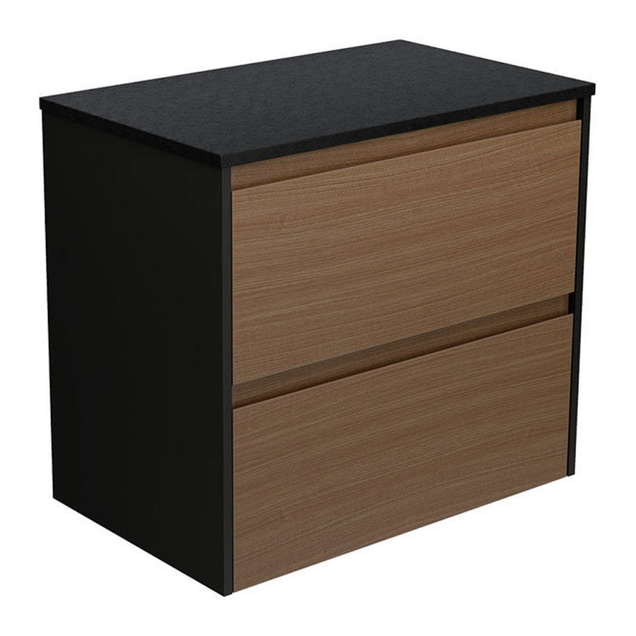 Fienza Amato Walnut 750 Wall Hung Cabinet, Satin Black Panels